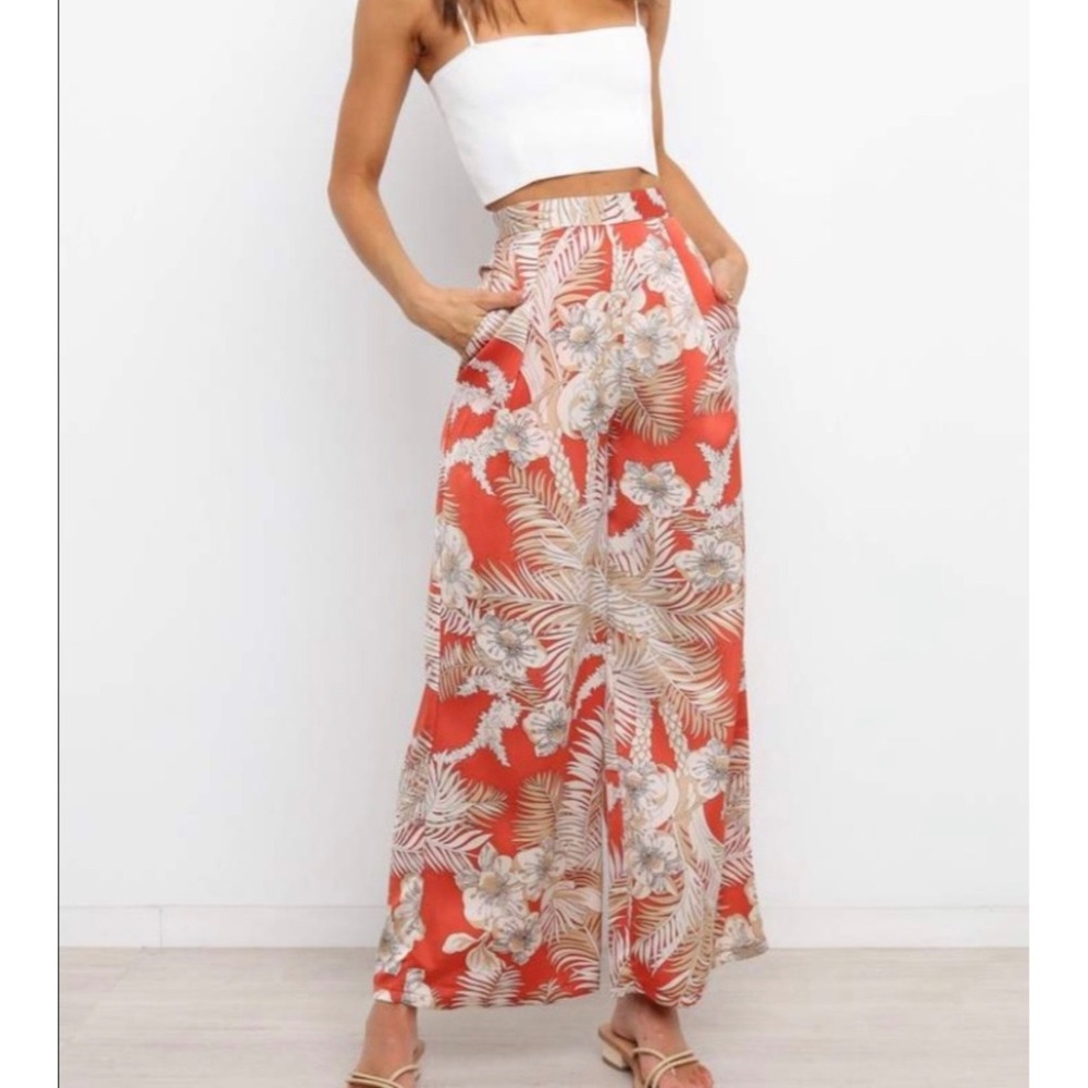 Here Comes The Sun Angelo Wide Leg Palazzo Pants Orange Tropical Floral NWT S‎